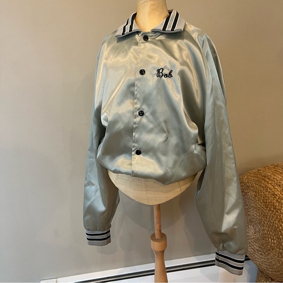 Vintage Baggy Satin Bomber Jacket XL Silver Gray "Bob" Embroidered Varsity - Picture 1 of 16